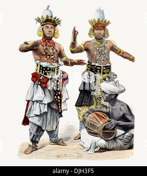 19th century XIX Sri Lanka devil dancers and drummer Stock Photo