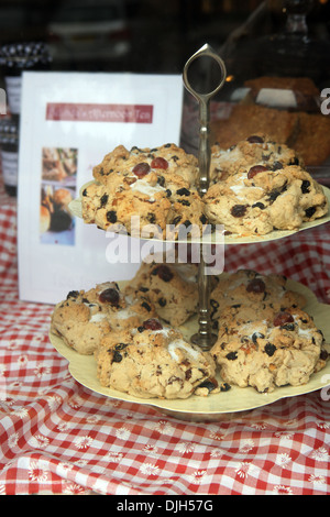 Fruit scones on a cake stand in an English cafe Stock Photo