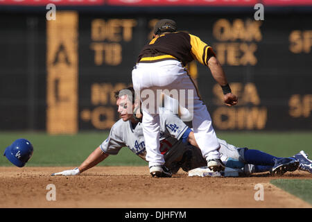 July 29, 2010 - San Diego, California, United States of America - 29 July  2010: Padres Adrian Gonzalez safe at first against the Dodgers during game  3 at Petco Park in San