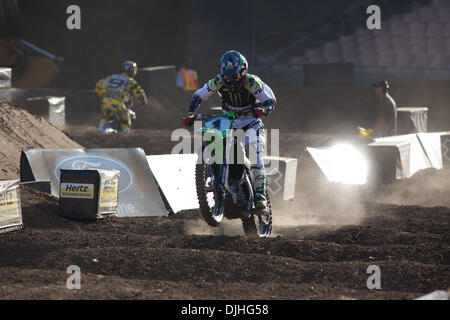 July 29, 2010 - Los Angeles, CA, United States of America - 29 July 2010:  Josh Hansen (1) lead 10 of the 15 laps in Moto X Super X at the X Games.  He was passed by Josh Grant (33) on the 11th lap who went on to win the race.  Hansen ended up in third place.  X Games, Los Angeles, CA.  Mandatory Credit: Josh Chapel / Southcreek Global (Credit Image: © Southcreek Global/ZUMApress.c Stock Photo