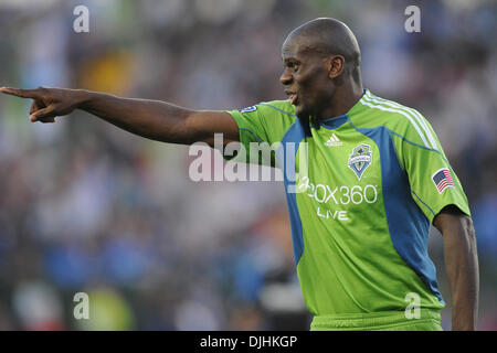 July 31, 2010 - Santa Clara, California, United States of America - 31 July 2010: Seattle Sounders F Blaise Nkufo (9) argues with the referee during the MLS match between the San Jose Earthquakes and Seattle Sounders at Buck Shaw Stadium in Santa Clara, CA.  The visiting Sounders won 1-0 and picked up the second annual Heritage Cup..Mandatory Credit: Matt Cohen / Southcreek Global  Stock Photo
