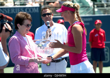 Aug. 01, 2010 - Stanford, California, United States of America - 01 August 2010: Tennis legend Billie Jean King hands the winner's cup to Victoria Azarenka (BLR). Azarenka beat Maria Sharapova (RUS) 6-4, 6-1 to win her first singles title of the season at the Bank of the West Classic at the Taube Family Tennis Center in Stanford, CA.  .Mandatory Credit: Matt Cohen / Southcreek Glob Stock Photo