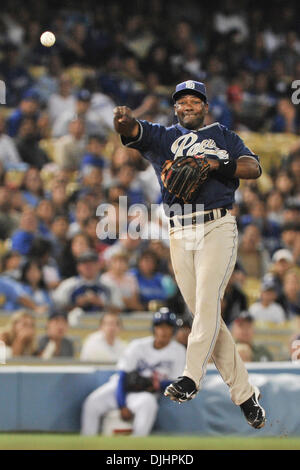 Aug. 02, 2010 - Los Angeles, California, United States of America - 2 August 2010: San Diego Padres shortstop Miguel Tejada (10) throws to first.The San Diego Padres defeated the Los Angeles Dodgers by a score of 10-5 at Dodger Stadium in Los Angeles,. California..Mandatory Credit: Andrew Fielding / Southcreek Global (Credit Image: Â© Southcreek Global/ZUMApress.com) Stock Photo