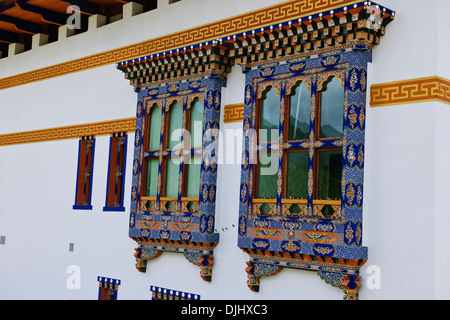 Textile museum,ornate window paintings,Major Weaving Centre for Bhutan National Dress, Royal Textile Academy,Thimphu,Bhutan Stock Photo