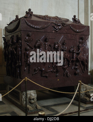 The sarcophagus of Helena. Red porphyry. Carved with military scenes with Roman soldiers on horseback and barbarian prisoners. Stock Photo