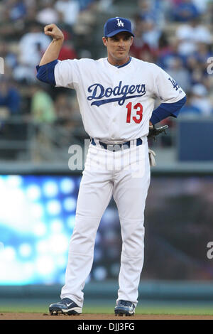 Aug. 06, 2010 - Los Angeles, California, United States of America - 6 August 2010: Dodgers 2B (#13) RYAN THERIOT flexes for the fans before the start of the Nationals vs. Dodgers game at Dodgers Stadium in Los Angeles, California. The Nationals went on to defeat the Dodgers with a final score of 6-3. Mandatory Credit: Brandon Parry / Southcreek Global (Credit Image: © Southcreek Gl Stock Photo