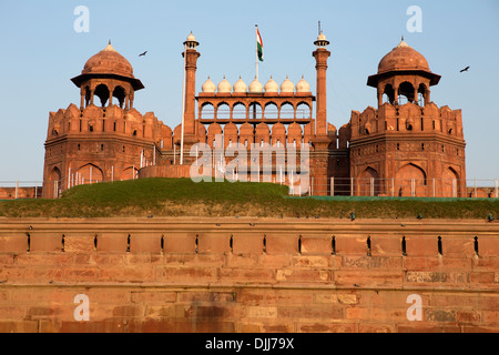 Walls of the Red Fort. The impressive wall was built in red sandstone. Stock Photo