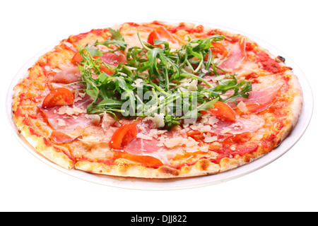 Pizza with bacon and arugula on a white background. Clipping path.