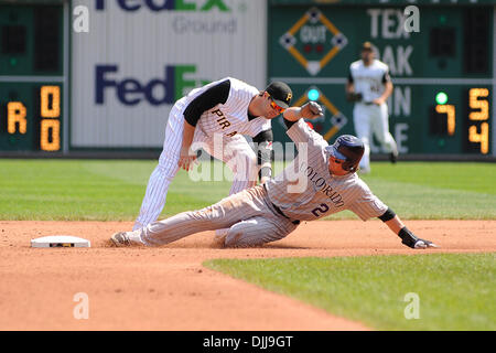 Aug. 08, 2010 - Pittsburgh, PENNSYLVANNIA, United States of America - 08 August, 2010: Colorado Rockies' short stop TROY TULOWITZKI (2) steals second base beating the tag from Pittsburgh Pirates' 2B NEIL WALKER (18) in the fourth inning as the Pirates take on the Rockies at PNC Park in Pittsburgh, PA...The Pirates fall to the Rockies 8-4.MANDATORY CREDIT: DEAN BEATTIE / SOUTHCREEK  Stock Photo