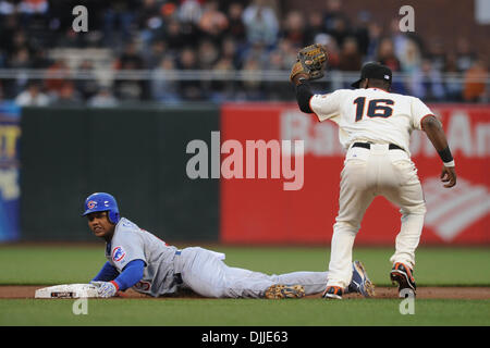 Aug. 10, 2010 - San Francisco, California, United States of America - August 8, 2010: Chicago Cubs IF Starlin Castro (13) slides into second under the tag from San Francisco Giants IF Edgar Renteria (16) during the first inning of the MLB game between the San Francisco Giants and the Chicago Cubs at AT&T Park in San Francisco, CA.  The visiting Cubs defeated the Giants 8-6..Mandato Stock Photo