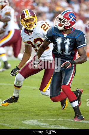 Aug. 13, 2010 - Landover, Maryland, United States of America - 13 August, 2010:  Buffalo Bills Wide Receiver ROSCOE PARRISH (#11) tries to shake Washington Redskins Cornerback CARLOS ROGERS (#22) during the first quarter in their preseason game at FedEx Field in Landover, MD..Mandatory Credit: Rassi Borneo / Southcreek Global (Credit Image: Â© Southcreek Global/ZUMApress.com) Stock Photo