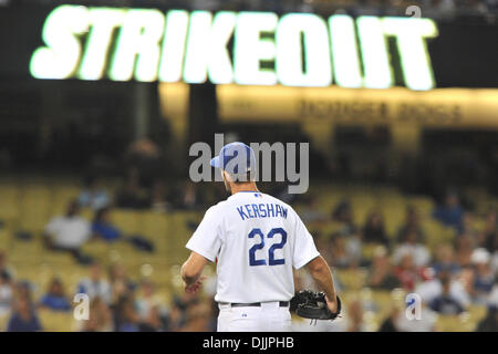 Aug. 17, 2010 - Los Angeles, California, United States of America -  Los Angeles Dodgers starting pitcher CLAYTON KERSHAW (22) looks up at a sign that says ''Strikeout''. The Colorado Rockies lost to the Los Angeles Dodgers by a score of  6-0  at Dodger Stadium in Los Angeles, California.  Mandatory Credit: Andrew Fielding / Southcreek Global (Credit Image: © Andrew Fielding/Southc Stock Photo