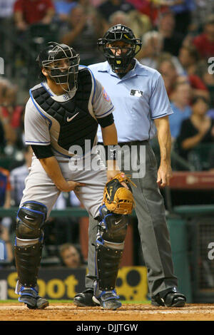 Aug. 19, 2010 - Houston, Texas, United States of America - 19 August 2010: New York Mets Catcher ROD BARAJAS (21) make an equipment adjustment. The Houston Astros defeated the New York Mets 3 - 2 to split the 4 game series at 2 game each at Minute Maid Park, Houston, Texas. (Credit Image: © Luis Leyva/Southcreek Global/ZUMApress.com) Stock Photo