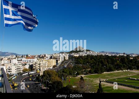 Athens, Greece. 27th Nov, 2013. Lycabettus hill. The historic center of Athens from Hotel rooftops. © Aristidis Vafeiadakis/ZUMAPRESS.com/Alamy Live News Stock Photo