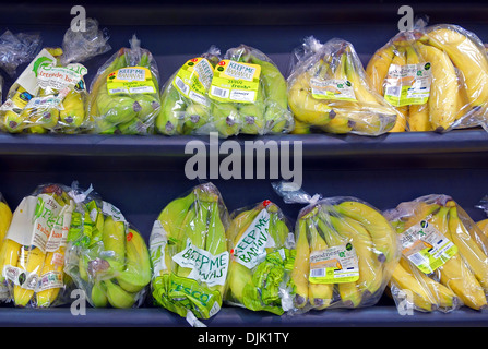 bananas in plastic packaging in a uk supermarket Stock Photo