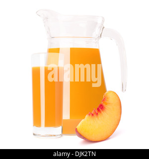 Peach fruit juice in glass jug isolated on white background cutout Stock Photo