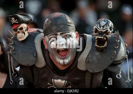 Aug 28, 2010 - Oakland, California, U.S. - Skull man roots for the Raiders during the Oakland Raiders vs San Francisco 49ers football game at Oakland at the Alameda County Coliseum Saturday. The 49ers beat the Raiders 28 - 24. (Credit Image: Al Golub/ZUMApress.com) Stock Photo