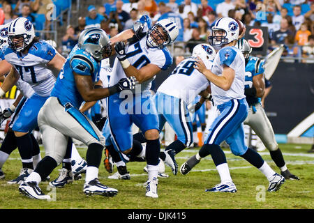 Aug. 28, 2010 - Charlotte, North Carolina, United States of America - Tennessee Titans quarterback Rusty Smith (7) drops in pocket as Tennessee Titans offensive tackle Troy Kropog (70) blocks rusher at Bank of America Stadium, Charlotte NC. (Credit Image: © Mark Abbott/Southcreek Global/ZUMApress.com) Stock Photo