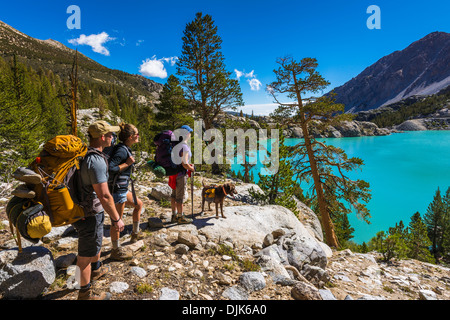 Backpackers at Second Lake under the Palisades, John Muir Wilderness, California USA Stock Photo