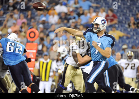 Sep. 02, 2010 - Nashville, Tennessee, United States of America - Tennessee Titans quarterback Rusty Smith (7) passes in second half action. The TItans defeat the New Orleans Saints  27 to 24 in the pre-season game at LP Field in Nashville, Tennessee. (Credit Image: © Bryan Hulse/Southcreek Global/ZUMApress.com) Stock Photo