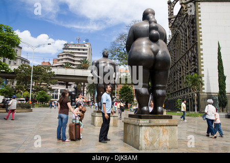 Sculpture of Adam and Eve by Fernando Botero in Plaza Botero, Medellin, Colombia Stock Photo