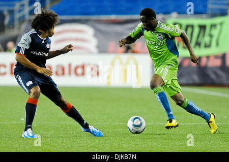 Sep. 04, 2010 - Foxborough, Massachusetts, United States of America - Seattle Sounders forward STEVE ZAKUANI (11) dribbles the ball behind New England Revolution defender KEVIN ALSTON (30) in an MLS game at Gillette Stadium. (Credit Image: © Geoff Bolte/Southcreek Global/ZUMApress.com) Stock Photo