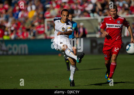 Sep. 04, 2010 - Bridgeview, Illinois, United States of America - Los Angeles Galaxy forward Landon Donovan (10) takes a shot on goal while Chicago Fire midfielder Logan Pause (12) looks on during second half action of the MLS game between the Chicago Fire and the Los Angeles Galaxy at Toyota Park in Bridgeview, IL. The Los Angeles Galaxy tied the Chicago Fire 1-1. (Credit Image: ©  Stock Photo