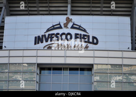 Sep. 04, 2010 - Denver, Colorado, United States of America - A view of a ''Invesco Field at Mile High'' sign before  the Rocky Mountain Showdown game between the Colorado State Rams and the Colorado Buffaloes at Invesco Field at Mile High. Colorado defeated Colorado State by a score of 24-3. (Credit Image: © Andrew Fielding/Southcreek Global/ZUMApress.com) Stock Photo