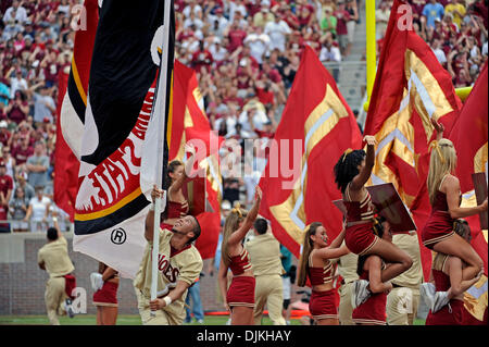 Sept. 7, 2010 - Jacksonville, Florida, United States of America - January 4, 2010: FSU Cheerleaders celebrate an FSU touchdown against the Samford Bulldogs. FSU defeated Samford 59-6 at Doak Campbell Stadium in Tallahassee, Florida. (Credit Image: © Mike Olivella/ZUMApress.com) Stock Photo