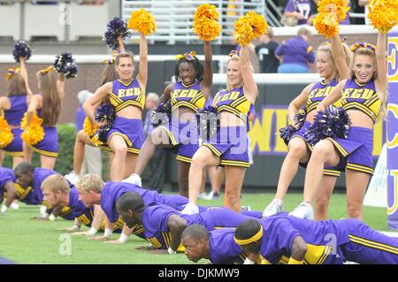 Sept. 11, 2010 - Greenville, North Carolina, United States of America - ECU cheerleaders celebrate another touchdown during the game between the East Carolina Pirates and the Memphis Tigers at Dowdy-Ficklen Stadium.  The Pirates defeated the Tigers 49-27. (Credit Image: © David Friend/Southcreek Global/ZUMApress.com) Stock Photo