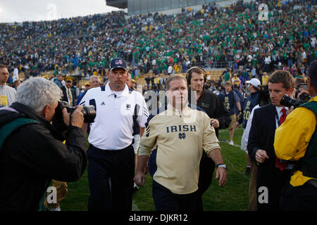 Sept. 11, 2010 - South Bend, Indiana, USA - University of Notre Dame coach Brian Kelly leaves the field after a loss to the University of Michigan Saturday September 11, 2010 at Notre Dame Stadium in South Bend, Indiana.  Michigan beat Notre Dame 28-24. (Credit Image: © Jim Z. Rider/ZUMApress.com) Stock Photo