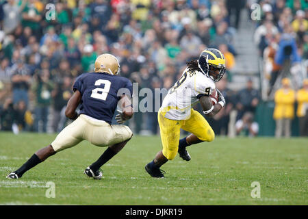 Sept. 11, 2010 - South Bend, Indiana, USA - University of Michigan receiver Martavious Odoms breaks free of Notre Dame cornerback Darrin Walls Saturday September 11, 2010 at Notre Dame Stadium in South Bend, Indiana.  Michigan beat Notre Dame 28-24. (Credit Image: © Jim Z. Rider/ZUMApress.com) Stock Photo