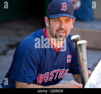 Sept. 11, 2010 - Oakland, California, United States of America - Boston Red Sox catcher Jason Varitek (33) in the dugout prior to the A's vs Redsox game at the Oakland-Alameda County Coliseum in Oakland, California. The A's defeated the Redsox 4-3. (Credit Image: © Damon Tarver/Southcreek Global/ZUMApress.com) Stock Photo