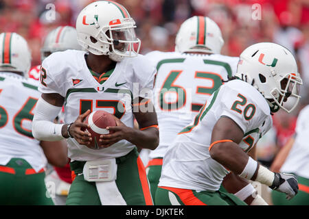 Sept. 11, 2010 - Columbus, Ohio, United States of America - Miami quarterback Jacory Harris (12) drops back to pass during the game against Ohio State.  The Ohio State Buckeyes defeated the Miami Hurricanes 36-24 in the game at Ohio Stadium in Columbus, Ohio. (Credit Image: © Frank Jansky/Southcreek Global/ZUMApress.com) Stock Photo