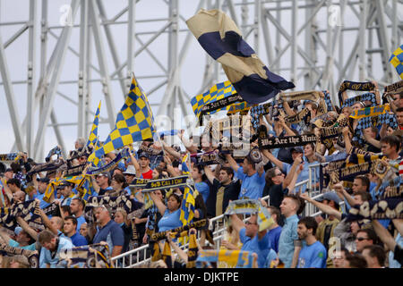 Sept. 11, 2010 - Chester, Pennsylvania, United States of America - Philadelphia Union fans cheer on their team during the match against the Chicago Fire at PPL Park in Chester, PA. The Union earned their first shut out, winning 1-0. (Credit Image: © Kate McGovern/Southcreek Global/ZUMApress.com) Stock Photo