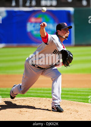 Sept. 12, 2010 - Oakland California, U.S. - Boston Red Sox pitcher Josh Beckett pitches against the Oakland Athletics at the Oakland Coliseum Saturday Sept. 12,  2010. The Red Sox won the Game 5-3. (Photo by Alan Greth/ZUMA Press) Stock Photo