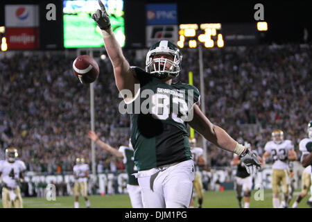 Sept. 18, 2010 - East Lansing, Michigan, United States of America - Michigan State Spartans tight end Charlie Gantt (83) catches the game winning touchdown pass on a fake field goal in overtime to beat the Notre Dame Fighting Irish 34-31 at Spartan Stadium. (Credit Image: © Rey Del Rio/Southcreek Global/ZUMApress.com) Stock Photo