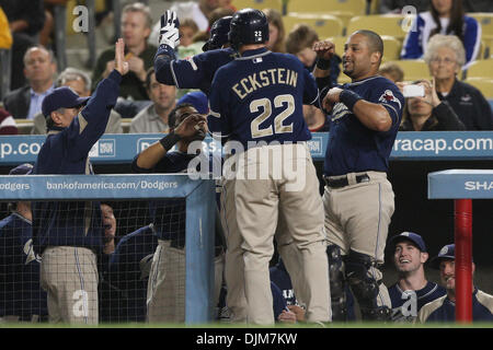 Sept. 22, 2010 - Los Angeles, California, United States of America - The Padres celebrate as they take the lead in the 3rd inning during the Padres vs. Dodgers game at Dodgers Stadium. The Padres went on to defeat the Dodgers with a final score of 3-1. (Credit Image: © Brandon Parry/Southcreek Global/ZUMApress.com) Stock Photo