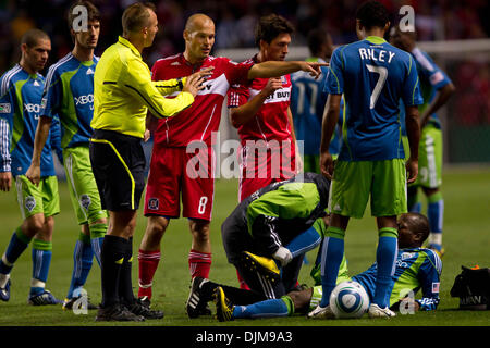 Sept. 25, 2010 - Bridgeview, Illinois, United States of America - Chicago Fire midfielder Freddie Ljungberg (#8) accuses the Seattle Sounders players of delaying the game during the MLS game between the Chicago Fire and the Seattle Sounders at Toyota Park in Bridgeview, IL. The Seattle Sounders defeated the Chicago Fire 1-0. (Credit Image: © Geoffrey Siehr/Southcreek Global/ZUMApre Stock Photo