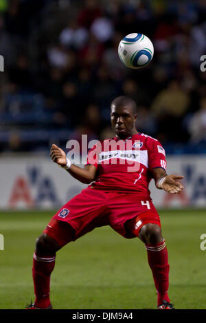 Sept. 25, 2010 - Bridgeview, Illinois, United States of America - Chicago Fire defender Kwame Watson-Siriboe (#4)  chest blocks the ball during the MLS game between the Chicago Fire and the Seattle Sounders at Toyota Park in Bridgeview, IL. The Seattle Sounders defeated the Chicago Fire 1-0. (Credit Image: © Geoffrey Siehr/Southcreek Global/ZUMApress.com) Stock Photo