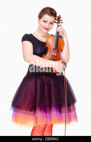 Portrait of Young Female Violin Player in Colorful Skirt - Isolated on White Stock Photo