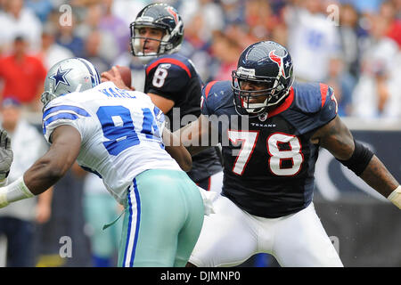 Sept. 26, 2010 - Houston, Texas, United States of America - Houston Texans offensive tackle Rashad Butler (78) protects Houston Texans quarterback Matt Schaub (8) from Dallas Cowboys linebacker DeMarcus Ware (94) during the game between the Houston Texans and the Dallas Cowboys. The Cowboys defeated the Texans 27-13. (Credit Image: © Jerome Miron/Southcreek Global/ZUMApress.com) Stock Photo