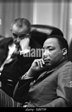 Rev. Dr. Martin Luther King, Jr. meeting with US President Lyndon B. Johnson in the Cabinet Room of the White House March 18, 1966 in Washington, DC. Stock Photo