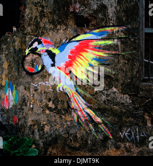 Urban street graffiti art of a bird in flight in Fort Kochi Cochin Kerala in India in South Asia. Nature Birds Fly Of Paradise Culture Surreal Travel Stock Photo