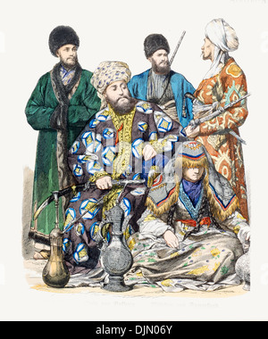 19th century XIX 1800s Bokhara Left to right Man of Khiva, Emir, soldier, Girl from Samarkand, Police man Stock Photo