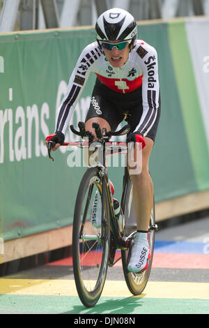 Sept. 29, 2010 - Geelong, Victoria, Australia - SCHWAGER Patricia (SUI) crossing Queens Park Rd bridge on the Women's time trial event at the 2010 UCI Road World Championships in Geelong, Victoria, Australia. (Credit Image: © Sydney Low/Southcreek Global/ZUMApress.com) Stock Photo