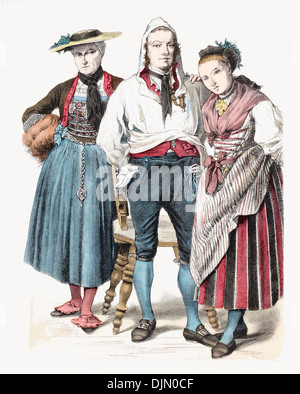 Late 18th century XVIII 1700s Swiss couple from Schwyz and lady behind from Zug Stock Photo