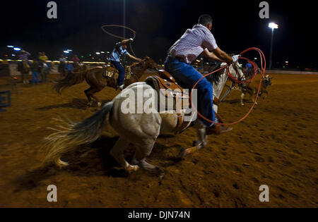 Oct 03, 2008 - Las Vegas, Nevada, USA - Team Ropers compete at the National Senior Pro Rodeo Association circuit stop in Las Vegas.  Male and female rodeo performers age 40 plus compete for NSPRA prize money in sanctioned events throughout the year across 20 US states and three Canadian provinces. (Credit Image: © Brian Cahn/ZUMA Press) Stock Photo