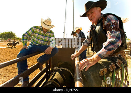 Oct 03, 2008 - Las Vegas, Nevada, USA - Cowboys prepare for the bareback riding competition at the National Senior Pro Rodeo Association circuit stop in Las Vegas.  Male and female rodeo performers age 40 plus compete for NSPRA prize money in sanctioned events throughout the year across 20 US states and three Canadian provinces. (Credit Image: © Brian Cahn/ZUMA Press) Stock Photo