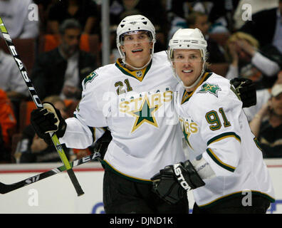 Apr 10, 2008 - Anaheim, California, USA - Dallas Stars left wing LOUI ERIKSSON, left, of Sweden, and center BRAD RICHARDS, celebrate Eriksson's goal against the Anaheim Ducks in the first period of the NHL Western Conference Quarterfinals. (Credit Image: © Mark Avery/ZUMA Press) Stock Photo